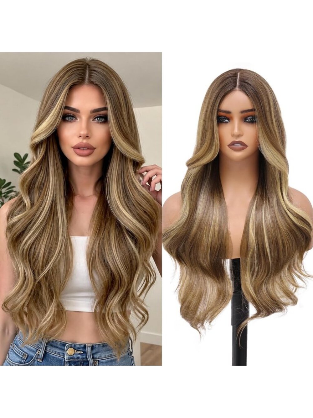 26-Inch Long Wavy Synthetic Wig - Brown with Blonde Highlights for Women